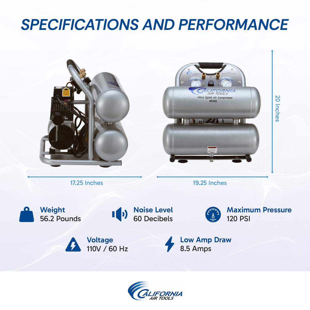 California Air Tools 4610S Ultra Quiet  & Oil-Free  1.0 Hp, 4.6 Gal. Steel Twin Tank Air Compressor